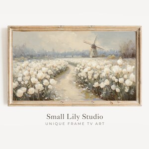 FRAME TV Art weiße holländische Tulpenlandschaft, Samsung Frame TV Art Frühlingslandschaft, Vintage-Stil Blumenmalerei | TV1152