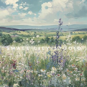 May include: An impressionistic painting of a vibrant wildflower meadow under a cloudy blue sky. The foreground is filled with colorful blooms, with rolling hills and a distant landscape. The text "SMALL LILY STUDIO" is visible.