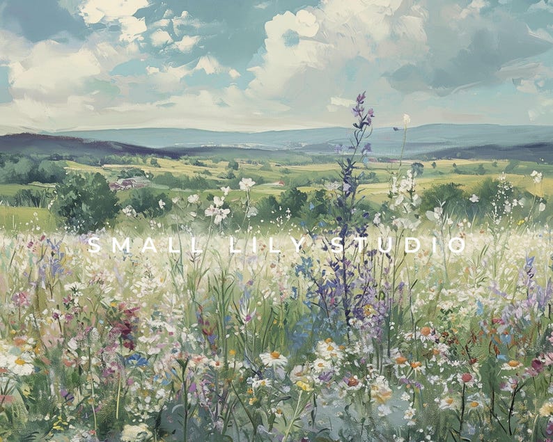 May include: An impressionistic painting of a vibrant wildflower meadow under a cloudy blue sky. The foreground is filled with colorful blooms, with rolling hills and a distant landscape. The text "SMALL LILY STUDIO" is visible.