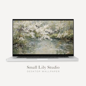 Skrivbordsbakgrund med vårblommor, blommig Macbook-bakgrund, laptopbakgrund med ankdamm, målning i vintagestil | WD211