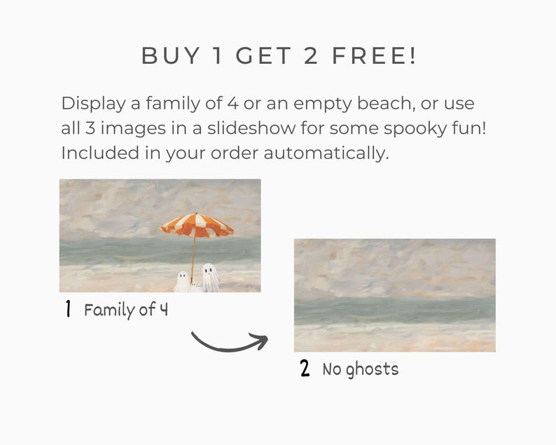 K&ouml;nnte beinhalten: Das Bild zeigt zwei Strandszenen. Die erste zeigt einen Strand mit einem orange-wei&szlig; gestreiften Sonnenschirm, zwei Geisterfiguren und dem Text "Family of 4". Die zweite Szene zeigt einen Strand mit dem Text "No ghosts". Der Text "BUY 1 GET 2 FREE!" ist ebenfalls vorhanden.