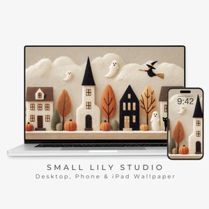 Halloween Village Desktop Wallpaper, Spooky Town Phone Wallpaper, Felt Style Cute iPhone Wallpaper, Aesthetic iPad Background | WS091