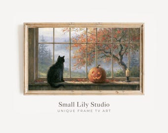 FRAME TV Art Black Cat and Jack-o-Lantern, Samsung Frame TV Art Halloween Fall Window, Whimsical Vintage Style Painting | TV1363
