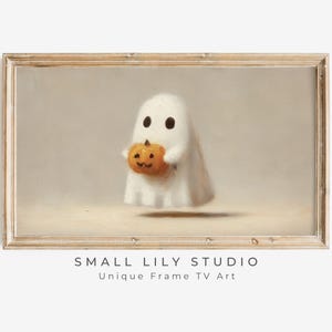 Halloween FRAME TV art Ghost Holding Pumpkin, Neutral Halloween Samsung Frame tv art ghost, Fun spooky cute Halloween TV artwork | TV827