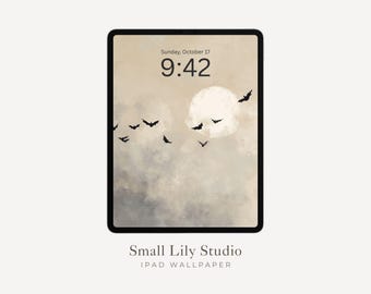 Bats iPad Wallpaper, Halloween iPad Background, Spooky Tablet Wallpaper, Neutral Vintage Style Painting Bats and Moon | WT048