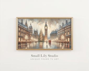 FRAME TV art London Christmas in Rain, Moody Frame tv art Christmas streetscape, Neutral Christmas cityscape Samsung Frame tv art | TV174