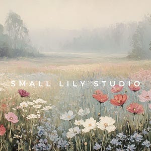 May include: An impressionistic painting of a field of wildflowers in soft hues of pink, red, white, and blue. The text "SMALL LILY STUDIO" is displayed across the center of the image. The background features a misty landscape with trees.