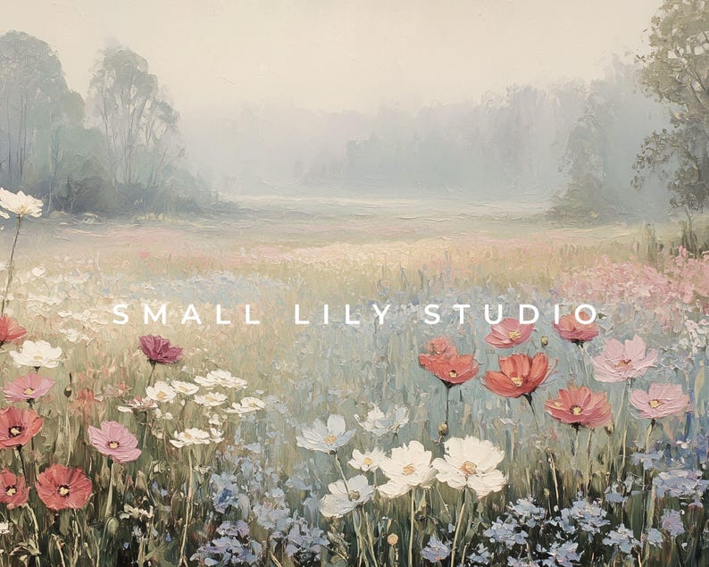 May include: An impressionistic painting of a field of wildflowers in soft hues of pink, red, white, and blue. The text "SMALL LILY STUDIO" is displayed across the center of the image. The background features a misty landscape with trees.