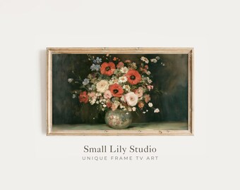 FRAME TV Art Colorful Flowers, Samsung Frame TV Art Red Floral, Vintage Style Maximalist Painting | TV1433