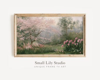 FRAME TV Art Pink Blossom Tree, Samsung Frame TV Art Spring Garden, Moody Vintage Style Flowers Painting | TV1371