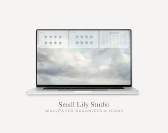 2026-2027 Desktop Wallpaper Organizer, Cloudy Sky Laptop Background and Folder Icons Set, Digital Monthly Calendar Windows Mac | WO003