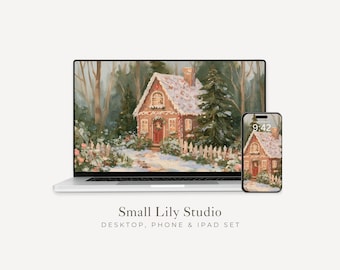 Gingerbread House Desktop Wallpaper Set, Christmas Phone Wallpaper, Cute iPhone Wallpaper, Aesthetic iPad Background Vintage Style | WS301