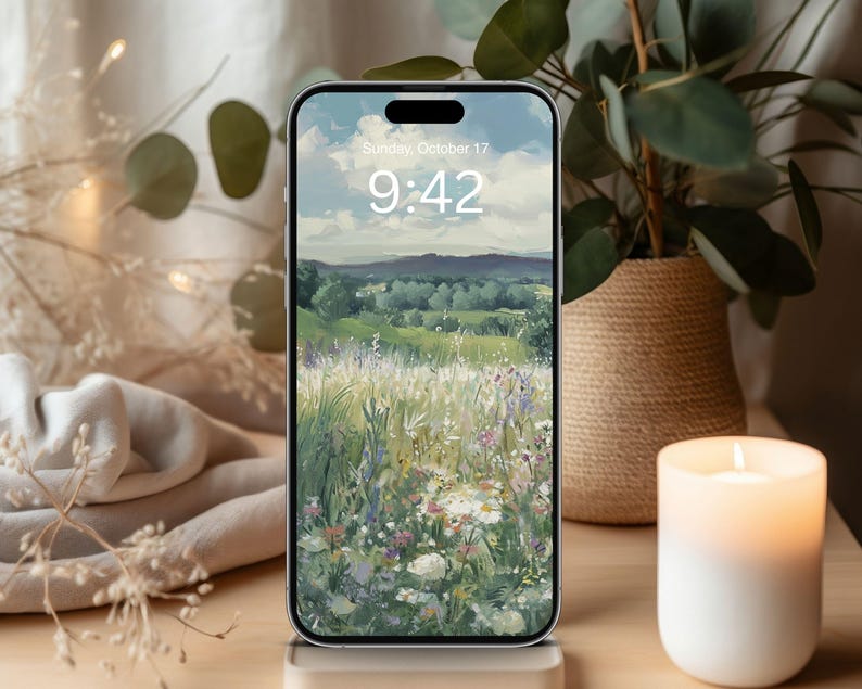 May include: A smartphone displays a landscape painting of a field with wildflowers under a cloudy sky. The time is 9:42 AM on Sunday, October 17. A lit candle and a potted plant are in the background.