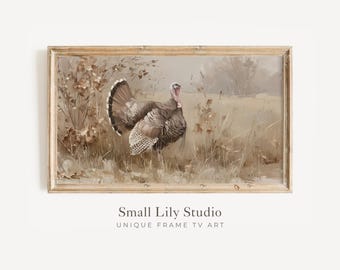 FRAME TV Art Turkey in Rustic Fall Landscape, Thanksgiving Samsung Frame TV art, Vintage Style Turkey Painting Neutral Brown | TV821