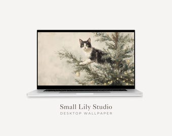 Bureaubladachtergrond kat in kerstboom, schattig feestelijk macbook-behang, kattenliefhebber laptopachtergrond, schilderij vintage stijl | WD112