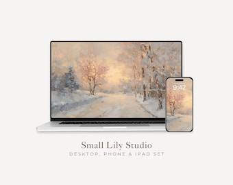 Set di sfondi desktop invernali rosa, sfondo di paesaggi innevati, sfondo estetico per iPhone, sfondo per iPad in stile vintage / WS159