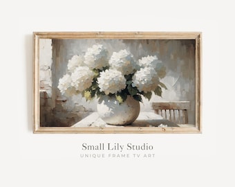 FRAME TV art White Hydrangeas still life, Spring Samsung Frame tv art rustic farmhouse, Neutral floral tv artwork cottage decor | TV279