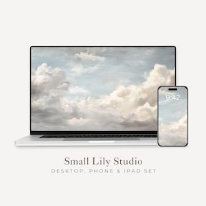 Dreamy Clouds Desktop Wallpaper Set, Cloudy Blue Sky Phone Wallpaper, Relaxing iPhone Wallpaper, iPad Background Vintage Style | WS021