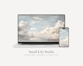 Dreamy Clouds Desktop Wallpaper Set, Cloudy Blue Sky Phone Wallpaper, Relaxing iPhone Wallpaper, iPad Background Vintage Style | WS021