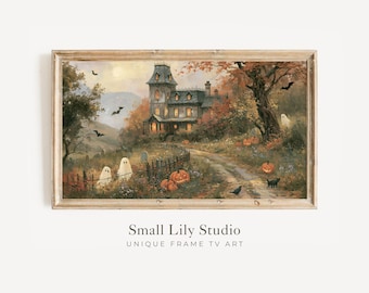 FRAME TV Art Haunted House and Ghosts, Samsung Frame TV Art Halloween, Vintage Style Cute Spooky Painting | TV1376