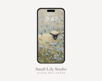 Sheep in Flowers Phone Wallpaper, Blue Floral iPhone Wallpaper, Cute Samsung Galaxy Phone Background, Whimsical Spring Art | WP222