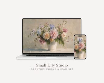Pink and Blue Flowers Desktop Wallpaper Set, Floral Phone Wallpaper, Spring iPhone Wallpaper, iPad Background Vintage Style | WS218