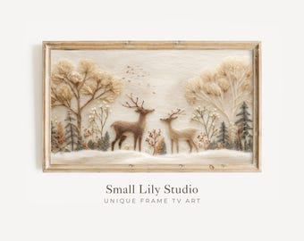 FRAME TV art Felt Style Deer in Winter Landscape, Neutral Samsung Frame TV art Cute Christmas Animals | TV1010