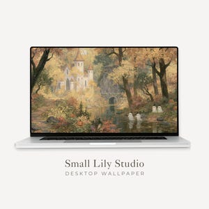 Ghosts in Fall Landscape Desktop Wallpaper, Autumn Macbook Wallpaper, Whimsical Laptop Background, Cute Halloween Artwork | WD250