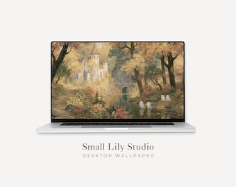 Ghosts in Fall Landscape Desktop Wallpaper, Autumn Macbook Wallpaper, Whimsical Laptop Background, Cute Halloween Artwork | WD250