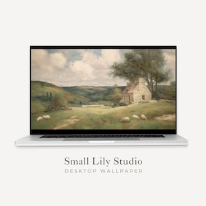 Grönt landskap skrivbordsunderlägg, Får MacBook-bakgrund, Landsbygdsstuga Laptopbakgrund, Vintage-stilmålning | WD090