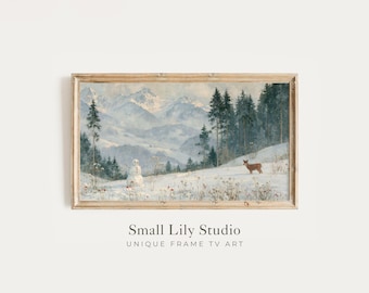 FRAME TV Art Snowman and Deer, Samsung Frame TV Art Whimsical Winter Landscape, Cute Vintage Style Painting | TV1462