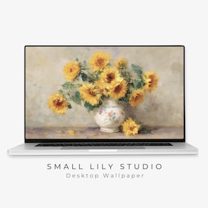 Sunflowers Desktop Wallpaper, Fall Florals Macbook Wallpaper, Yellow Flowers Laptop Background, Vintage Style Painting | WD084