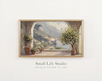 FRAME TV art Summer Italian Terrace & Lemon Tree, Samsung Frame tv art Amalfi Coast Italy, Vintage style coastal landscape painting | TV349