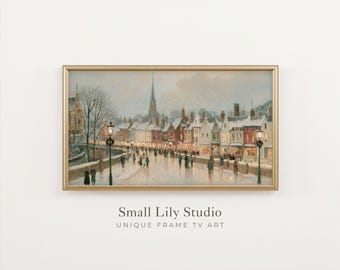 FRAME TV Art Festive Winter Town, Samsung Frame TV Art Neutral Christmas, Vintage Style Painting | TV1479