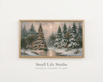 FRAME TV Art Christmas Tree in Winter Landscape, Holiday Season Samsung Frame TV Art, Textured Vintage Style Painting | TV1480