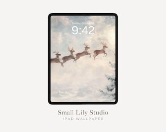 Cute Christmas iPad Wallpaper, Flying Sleigh iPad Background, Festive Tablet Wallpaper, Seasonal Vintage Style Painting | WT064