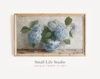 FRAME TV Art Blue Hydrangeas, Spring Samsung Frame TV Art, Vintage Style Floral Painting | TV1250