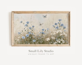 FRAME TV Art Blue Flowers and Butterflies,  Samsung Frame TV Art Wildflowers, Vintage Style Botanical Painting | TV1356