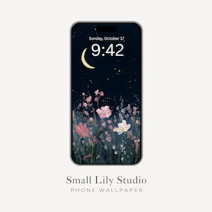 Garden at Night Phone Wallpaper, Floral Painting iPhone Wallpaper, Dark Flowers Aesthetic Samsung Galaxy Phone Background Moon Stars | WP015