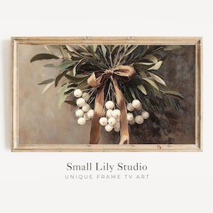 May include: A framed digital art print featuring a botanical still life. The artwork showcases a bouquet of green leaves, white berries, and a brown ribbon. The frame is a light brown color, and the background is a neutral tone.