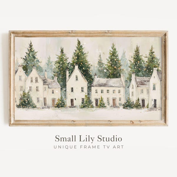 FRAME TV art White Christmas Houses, Samsung Frame TV art Winter Holiday Vintage Style Painting | TV1030