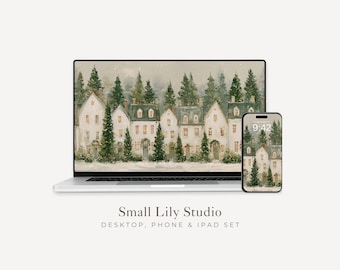 Christmas Village Desktop Wallpaper Set, Winter Houses Phone Wallpaper, Festive iPhone Wallpaper, Aesthetic iPad Background | WS291