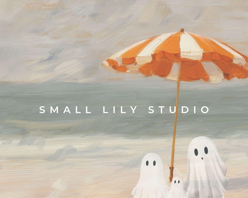 K&ouml;nnte beinhalten: Gem&auml;lde einer Strandszene mit drei Geisterfiguren unter einem orange-wei&szlig; gestreiften Sonnenschirm. Das Kunstwerk hat einen malerischen Stil, mit dem Text "SMALL LILY STUDIO" &uuml;ber dem Bild.