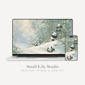 Panda's bureaubladachtergrondset, winter telefoonbehang, schattige dieren iPhone-behang, esthetische iPad-achtergrond vintage stijl | WS167