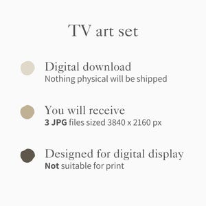 K&ouml;nnte beinhalten: Digitales Kunstset f&uuml;r TV-Anzeige. Der Text lautet "TV art set" und beschreibt den digitalen Download, einschlie&szlig;lich 3 JPG-Dateien mit einer Gr&ouml;&szlig;e von 3840 x 2160 px. Das Design ist f&uuml;r die digitale Anzeige bestimmt und nicht zum Drucken geeignet.