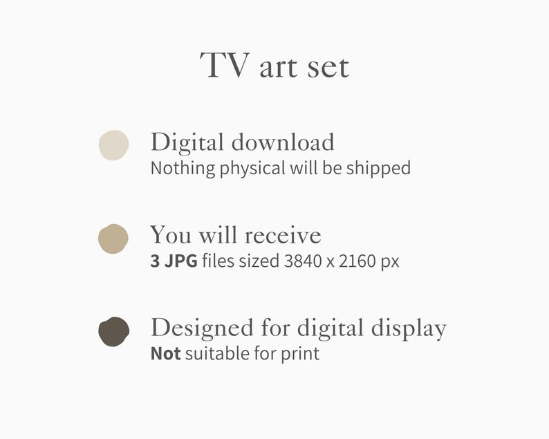 K&ouml;nnte beinhalten: Digitales Kunstset f&uuml;r TV-Anzeige. Der Text lautet "TV art set" und beschreibt den digitalen Download, einschlie&szlig;lich 3 JPG-Dateien mit einer Gr&ouml;&szlig;e von 3840 x 2160 px. Das Design ist f&uuml;r die digitale Anzeige bestimmt und nicht zum Drucken geeignet.