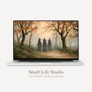 Może przedstawiać: Srebrny laptop wyświetlający cyfrową tapetę przedstawiającą trzy postacie w ciemnych płaszczach i spiczastych kapeluszach idące ścieżką przez jesienny las z pomarańczowymi i brązowymi drzewami. Poniżej znajduje się tekst Small Lily Studio DESKTOP WALLPAPER.