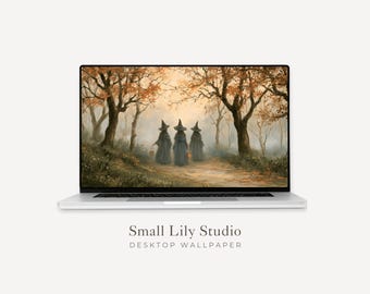 Witches Desktop Wallpaper, Halloween Macbook Wallpaper, Fall Laptop Background, Vintage Style Autumn Painting | WD262