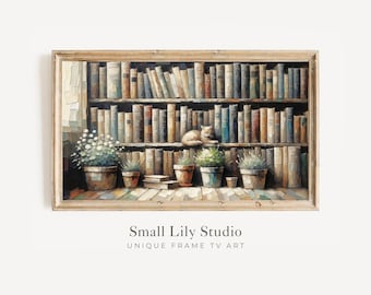 Bookish FRAME TV art Rustic Library with Kitten, Samsung Frame tv art for book lover, Cozy vintage style tv artwork for cat lover | TV276