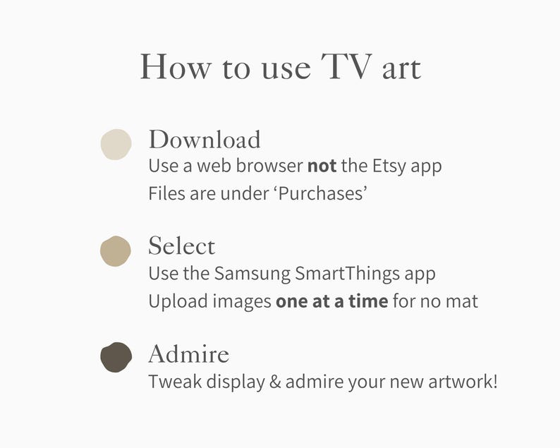 Puede incluir: Gr&aacute;fico beige claro con el texto "C&oacute;mo usar el arte de TV". Las instrucciones incluyen la descarga, selecci&oacute;n y admiraci&oacute;n de obras de arte. El texto aconseja usar un navegador web, la aplicaci&oacute;n Samsung SmartThings y subir im&aacute;genes de una en una.